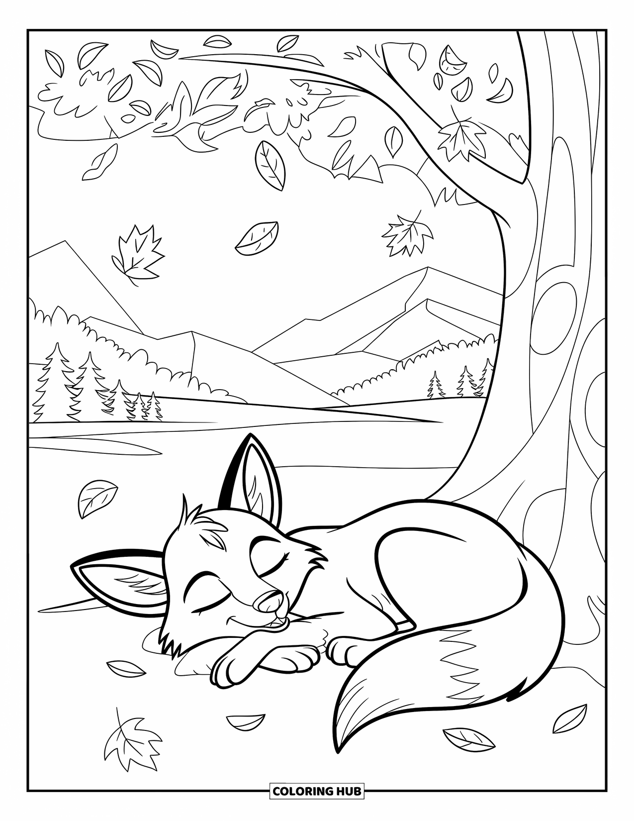 Relaxing Coloring Page for Kids: A fox dozes under a tree beside mountains and still water