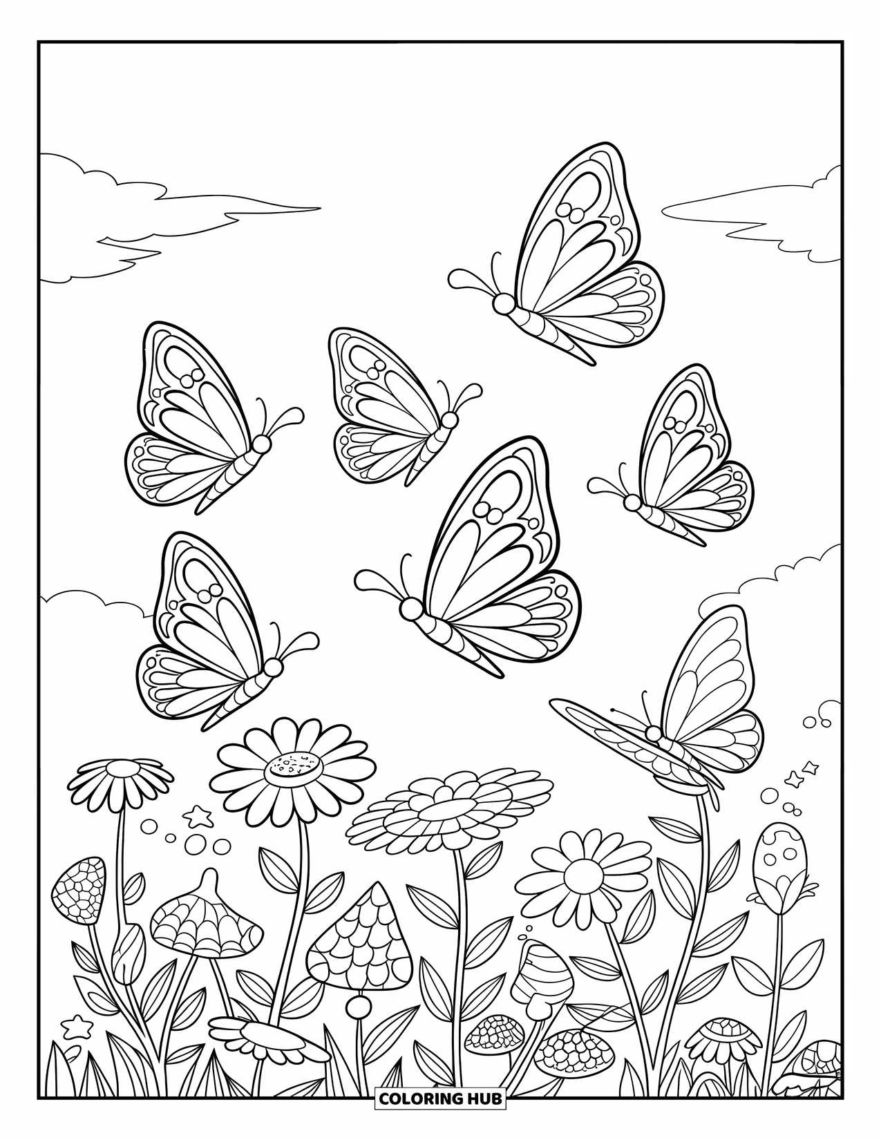 Relaxing Coloring Page for Kids: A group of butterflies drift over a colorful field of blooms