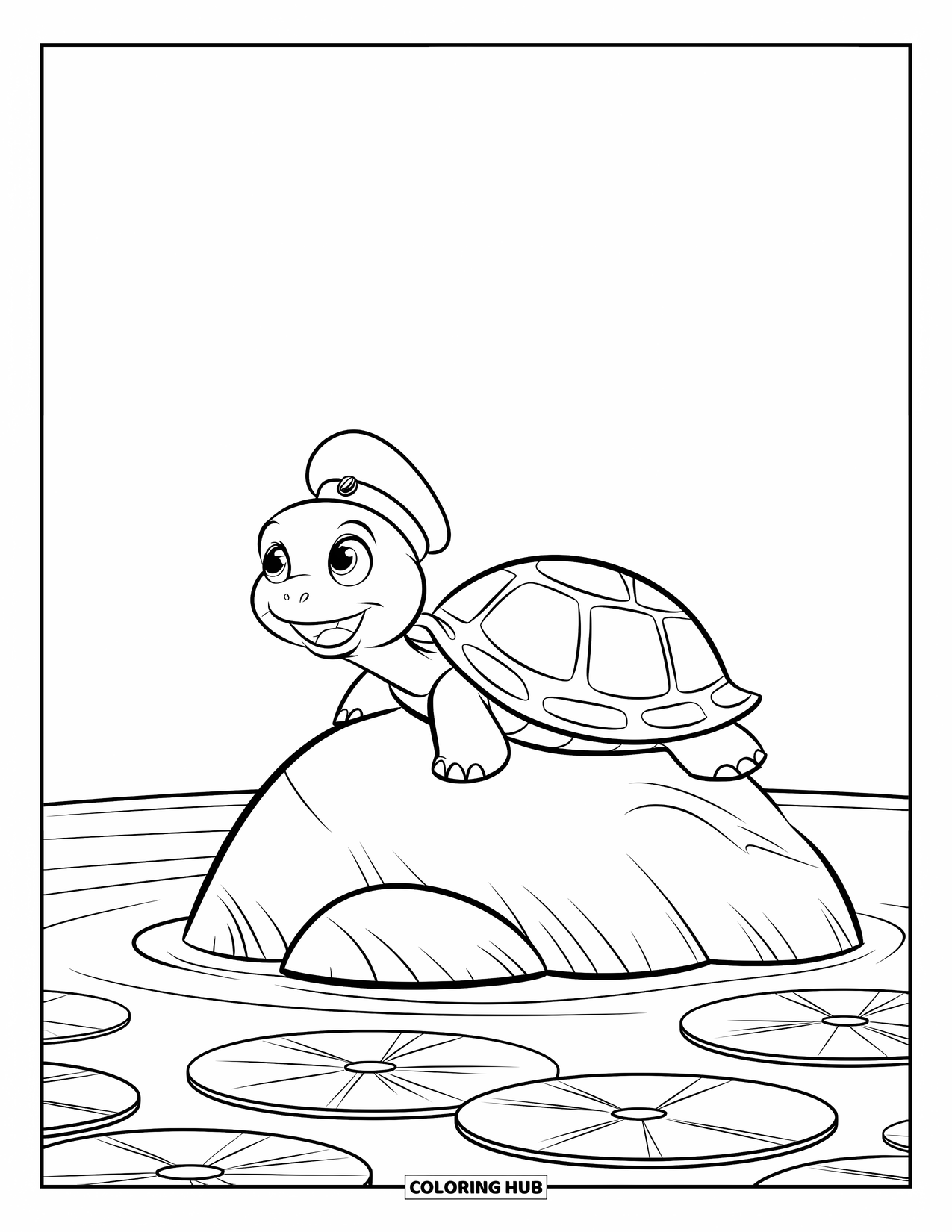Relaxing Coloring Page for Kids: A happy turtle rests on a rock among lily pads and calm water