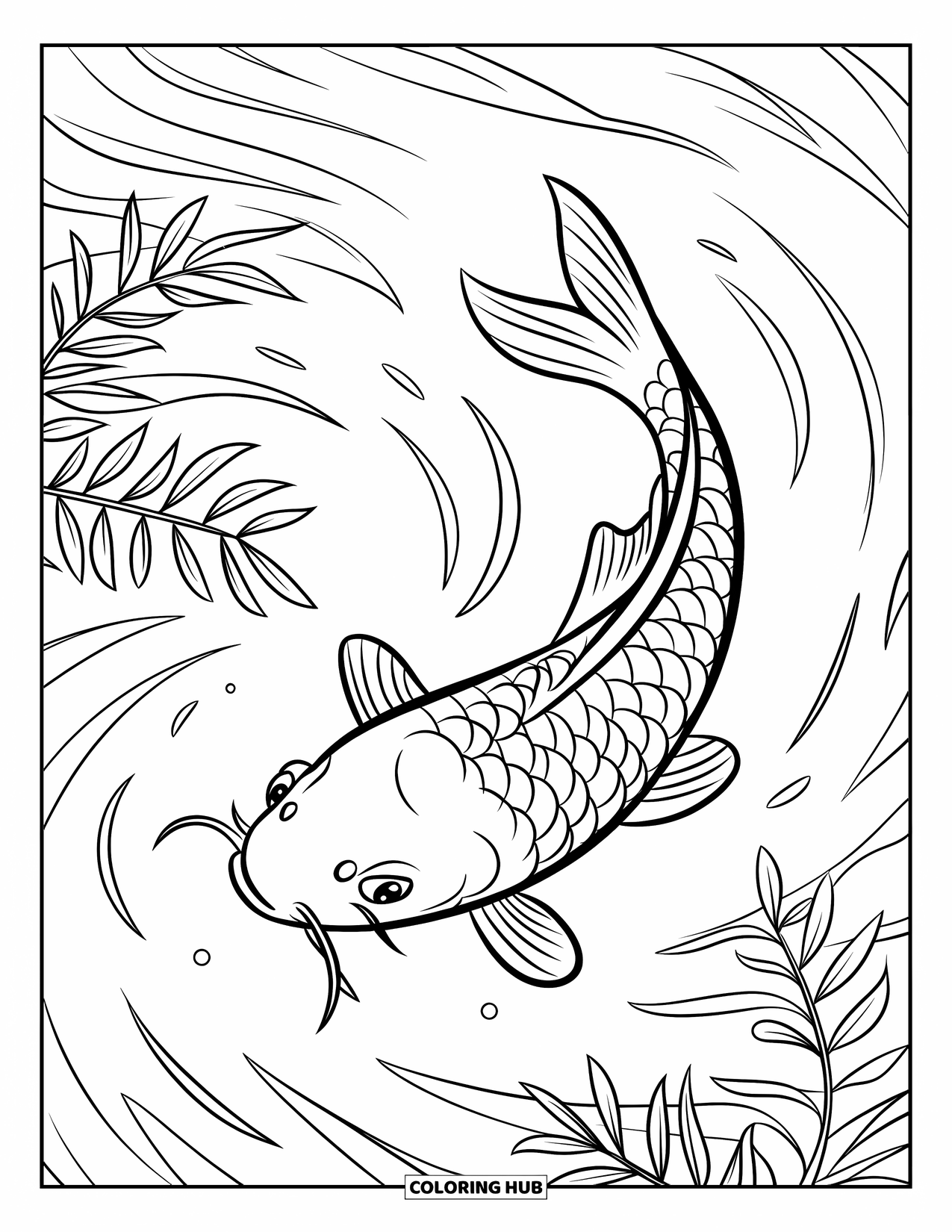 Relaxing Coloring Page for Kids: A koi fish drifts gracefully through swirling water and plants