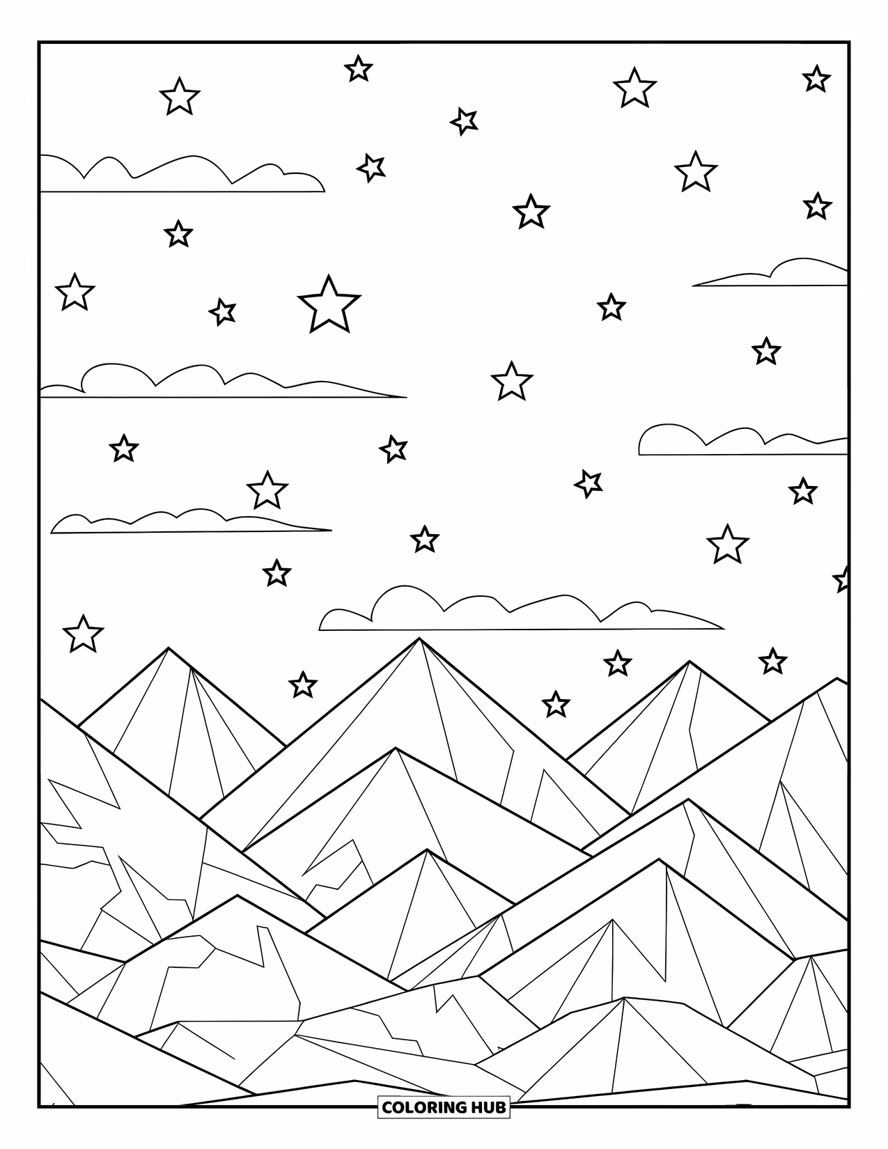 Relaxing Coloring Page for Kids: A night sky full of stars glows softly over mountain peaks
