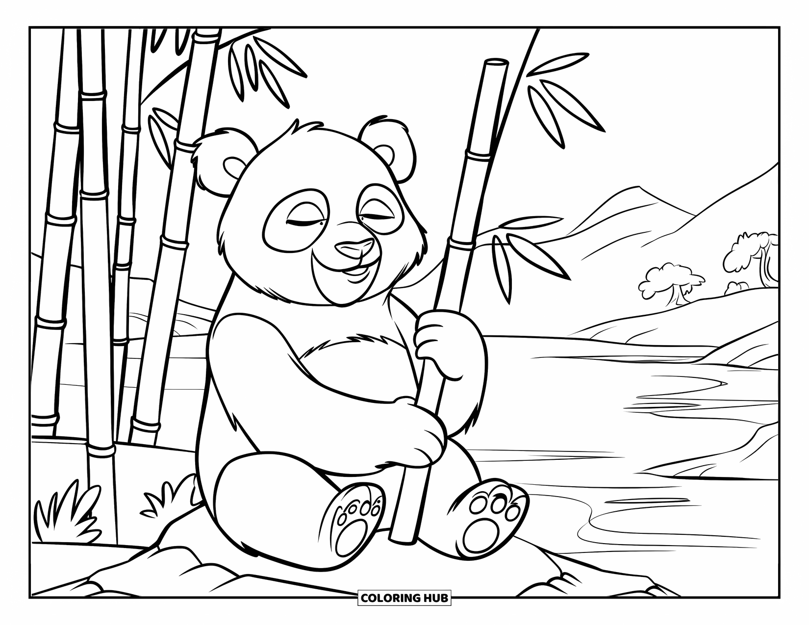 Relaxing Coloring Page for Kids: A panda sits calmly among bamboo under a bright, clear sky