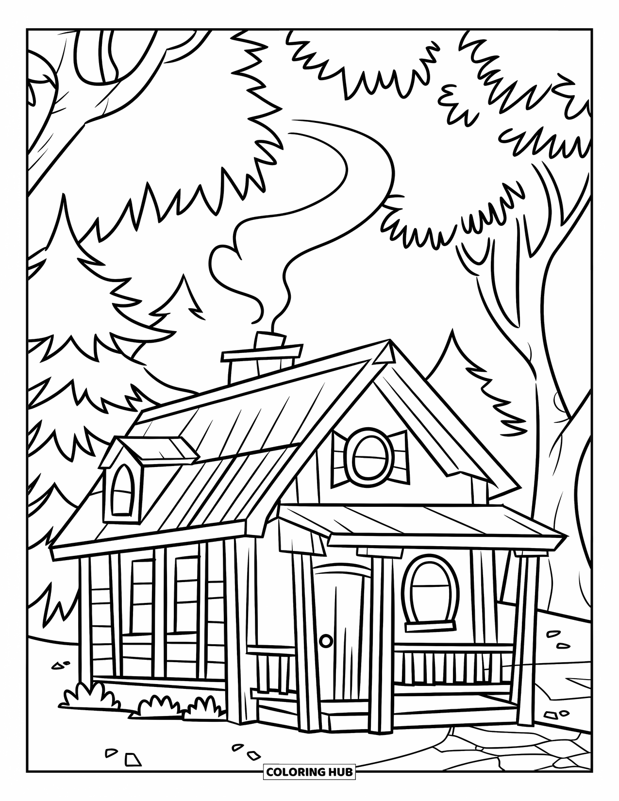 Relaxing Coloring Page for Kids: A peaceful cabin nestles in the woods beneath towering trees