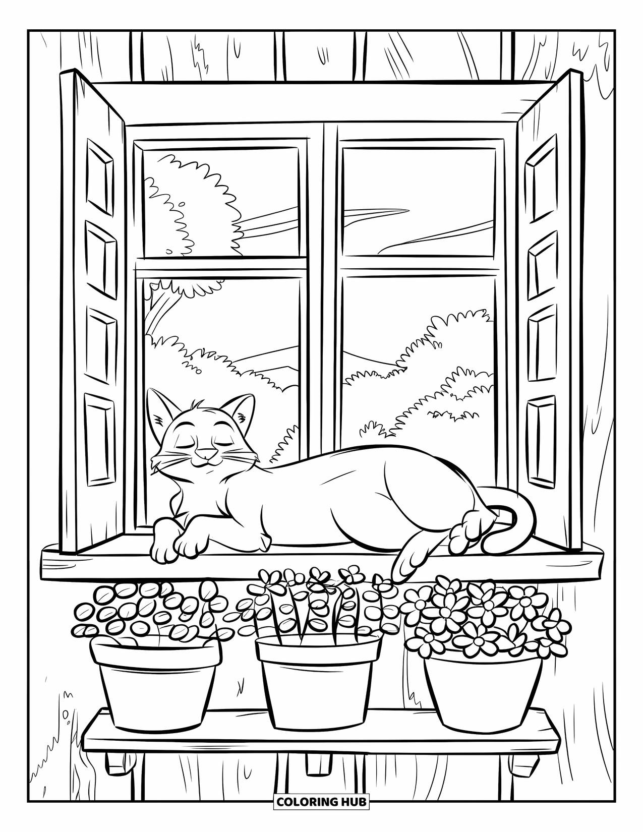 Relaxing Coloring Page for Kids: A relaxed cat rests on a windowsill surrounded by leafy plants