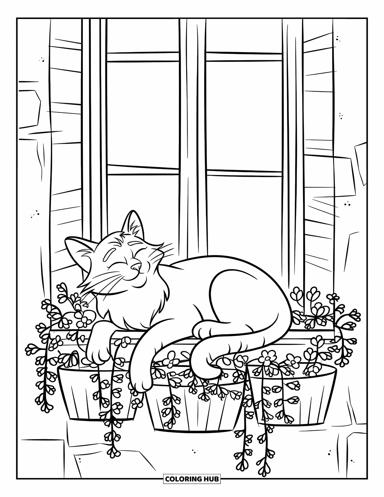 Relaxing Coloring Page for Kids: A sleepy cat basks in the sun beside flower pots