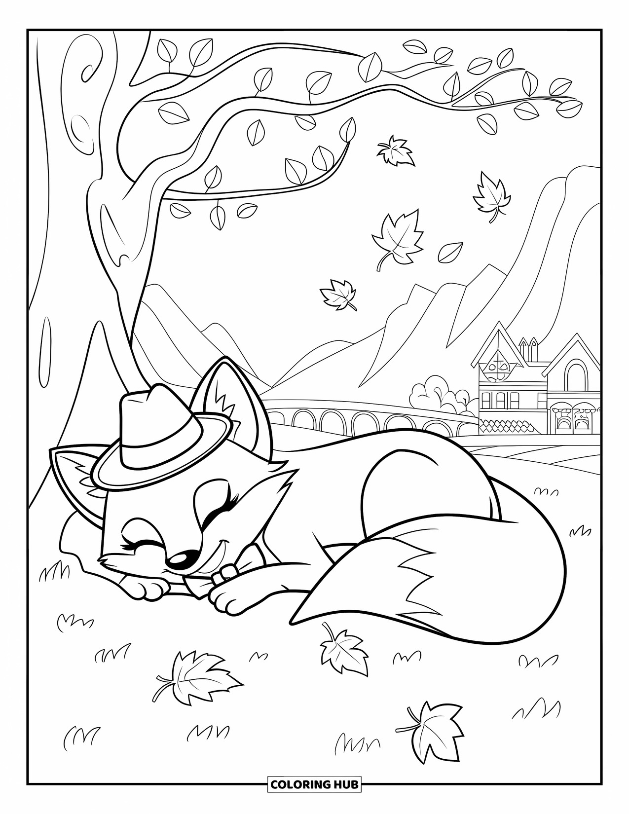 Relaxing Coloring Page for Kids: A sleepy fox in a hat rests beneath a tree with falling leaves