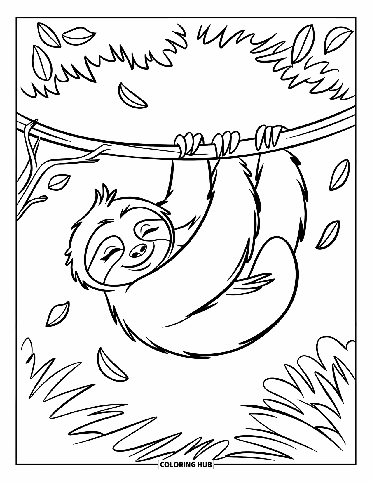 Relaxing Coloring Page for Kids: A sleepy sloth dangles from a vine in a lush forest