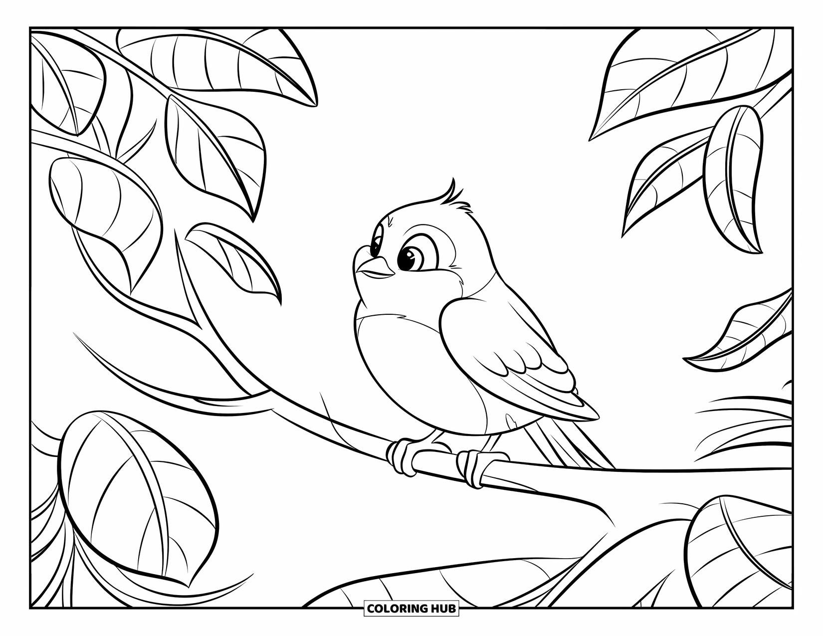 Relaxing Coloring Page for Kids: A small bird sits on a branch with wide, wavy leaves