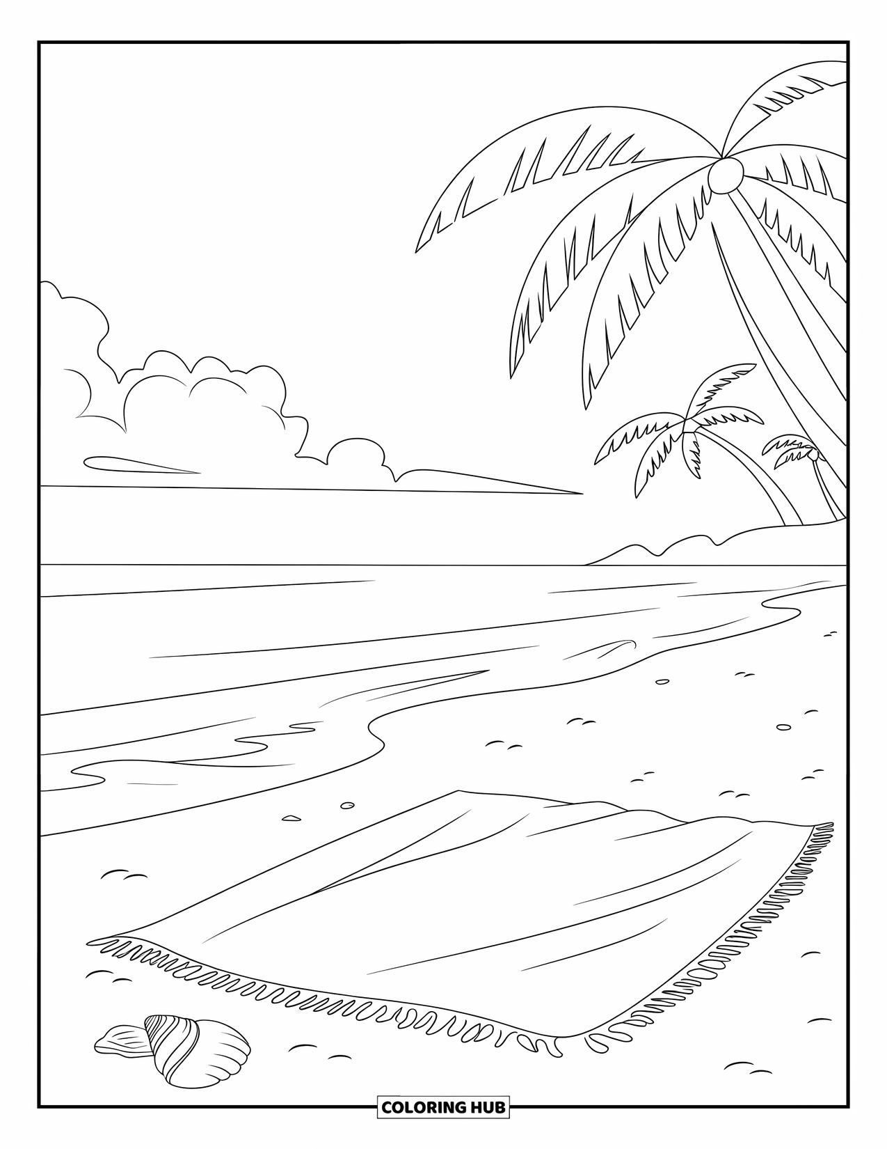 Relaxing Coloring Page for Kids: A sunny beach with seashells and palm trees feels peaceful