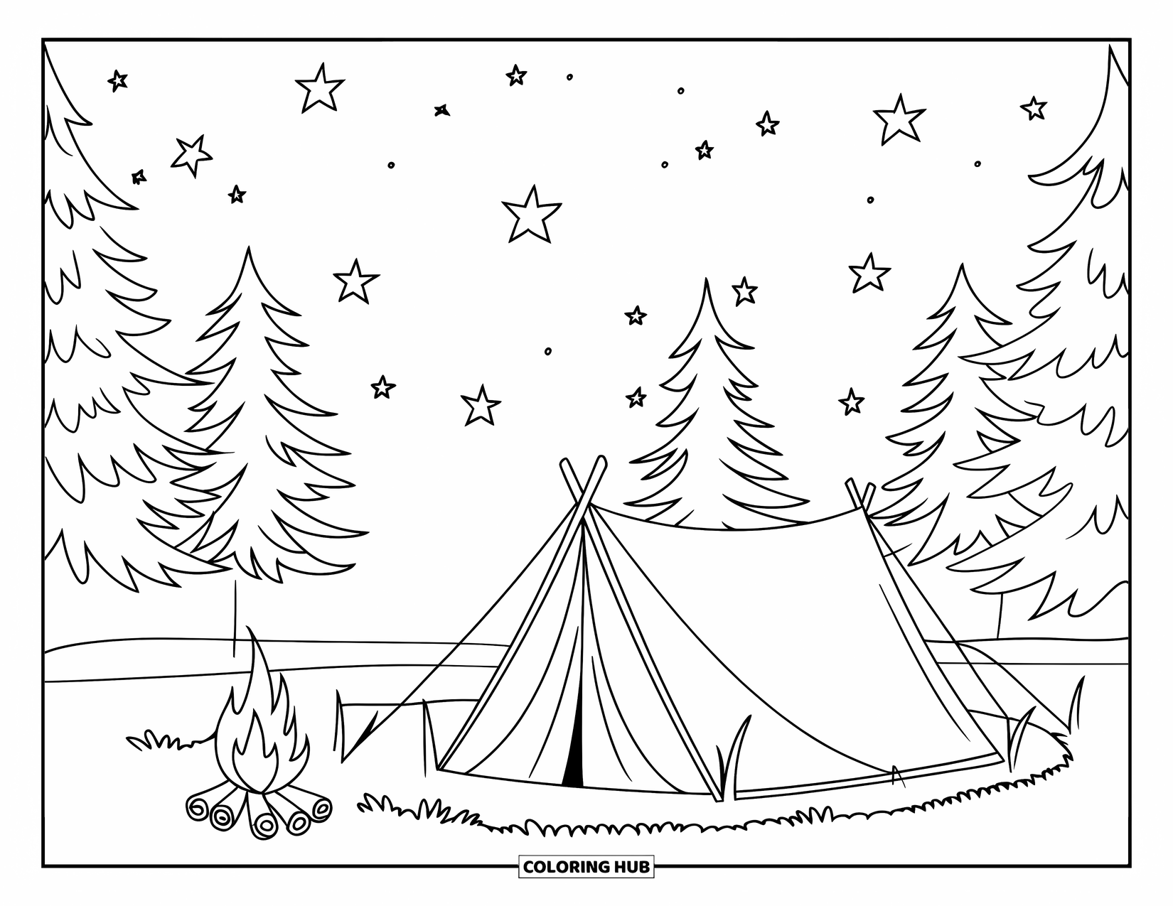 Relaxing Coloring Page for Kids: A tent glows under stars beside pine trees and a warm fire