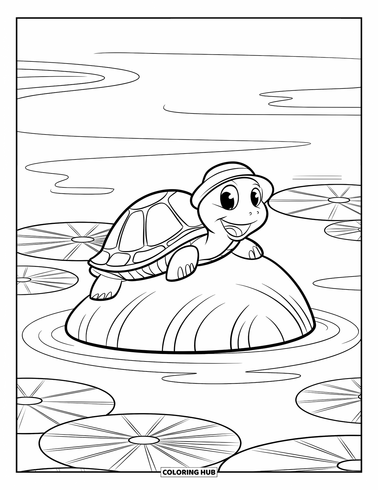 Relaxing Coloring Page for Kids: A turtle relaxes on a rock surrounded by lily pads in a pond