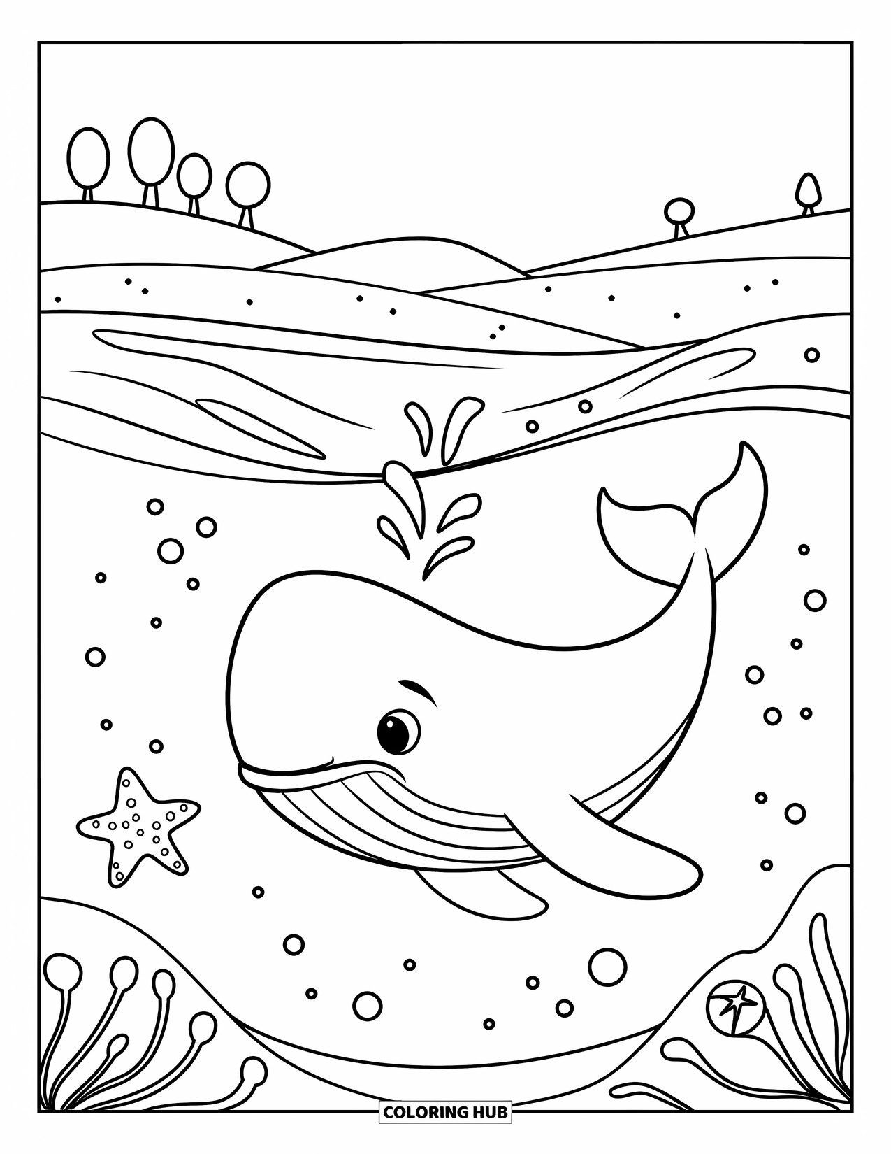 Relaxing Coloring Page for Kids: A whale floats calmly beneath waves in a peaceful sea