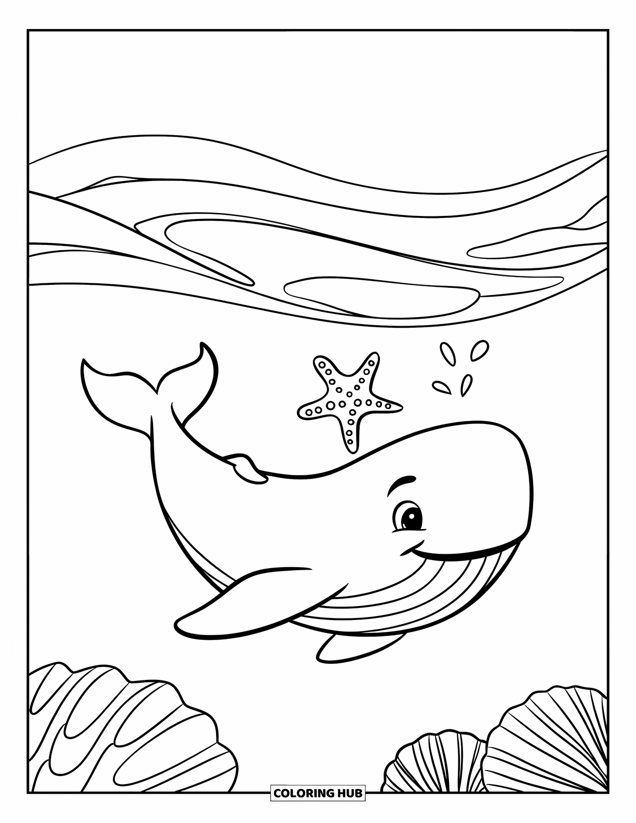 Relaxing Coloring Page for Kids: A whale floats playfully under gentle ocean waves