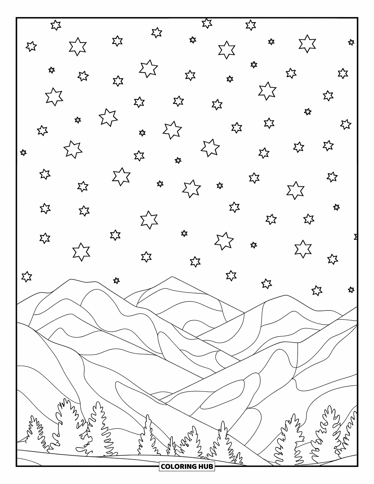 Relaxing Coloring Page for Kids: Stars shine gently above peaceful mountains and trees