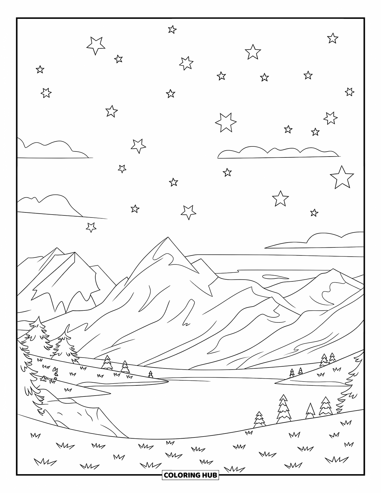 Relaxing Coloring Page for Kids: Stars sparkle above calm mountains and a still lake