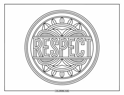 Kunnioitusvärityskuva aikuisille: Pyöreä mandala kuvioineen ja "Respect" keskellä