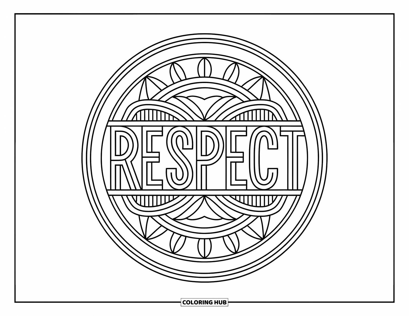 Respect Coloring Page for Adults: A circular mandala with patterns and "Respect" in the middle