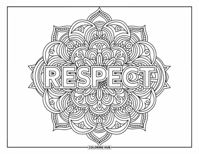 Kunnioitusvärityskuva aikuisille: Yksityiskohtainen mandala, johon on kudottu sana "Respect"