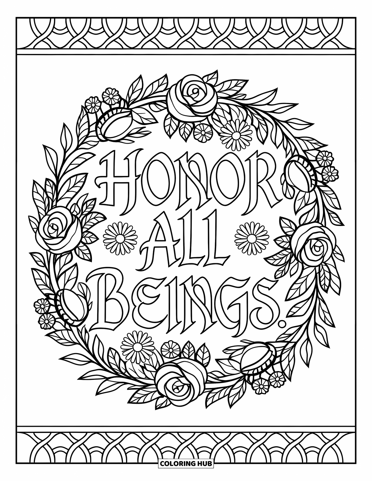 Respect Coloring Page for Adults: A floral wreath encircling the words "Honor All Beings"