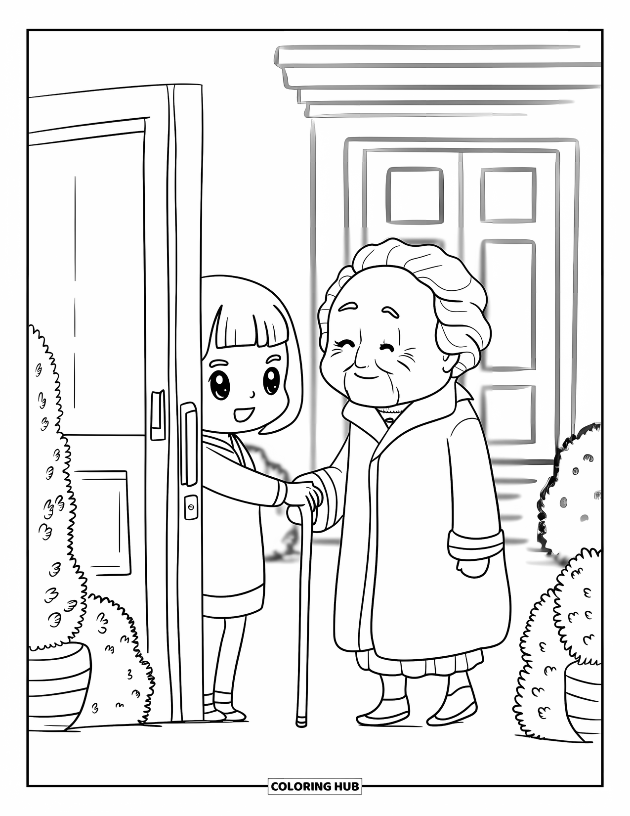 Respect Coloring Page for Adults: A kind girl opening a door for an elderly person near potted plants