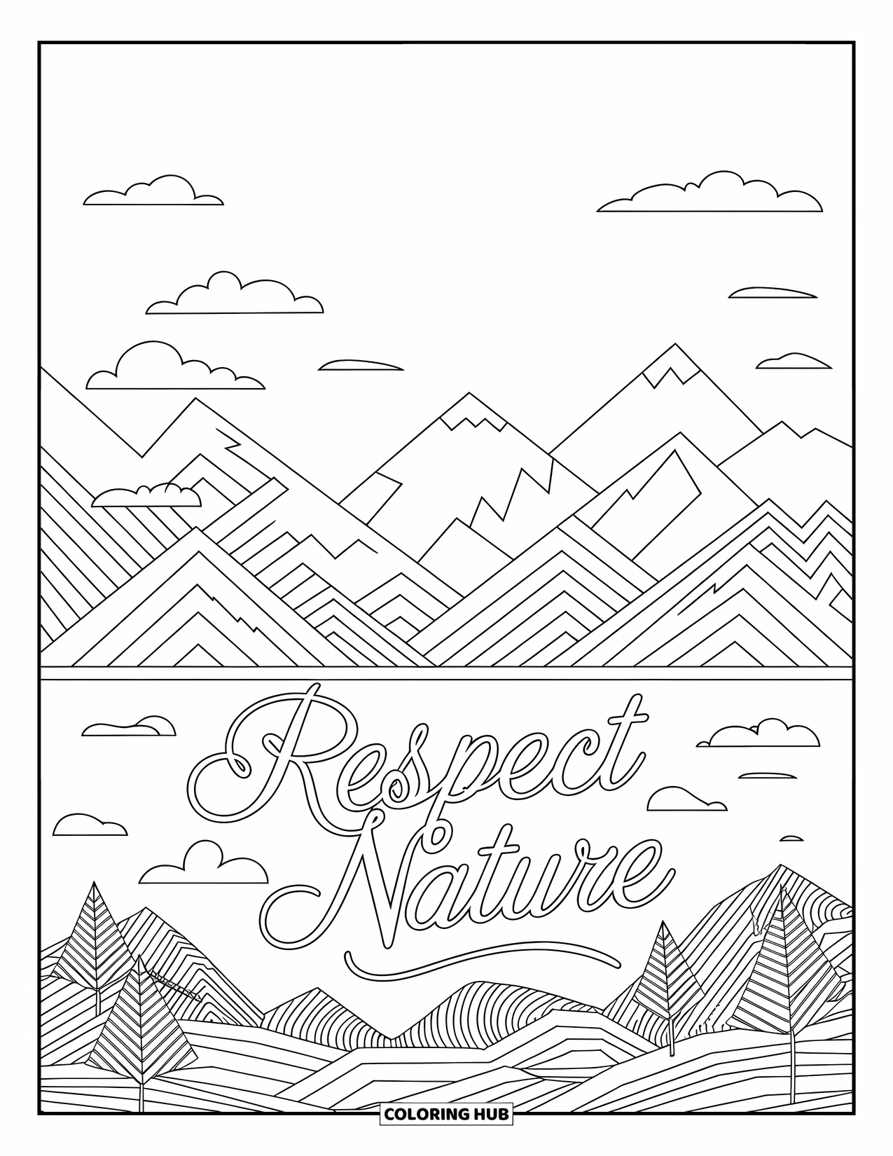 Respect Coloring Page for Adults: A mountain scene with "Respect Nature" written elegantly along the horizon