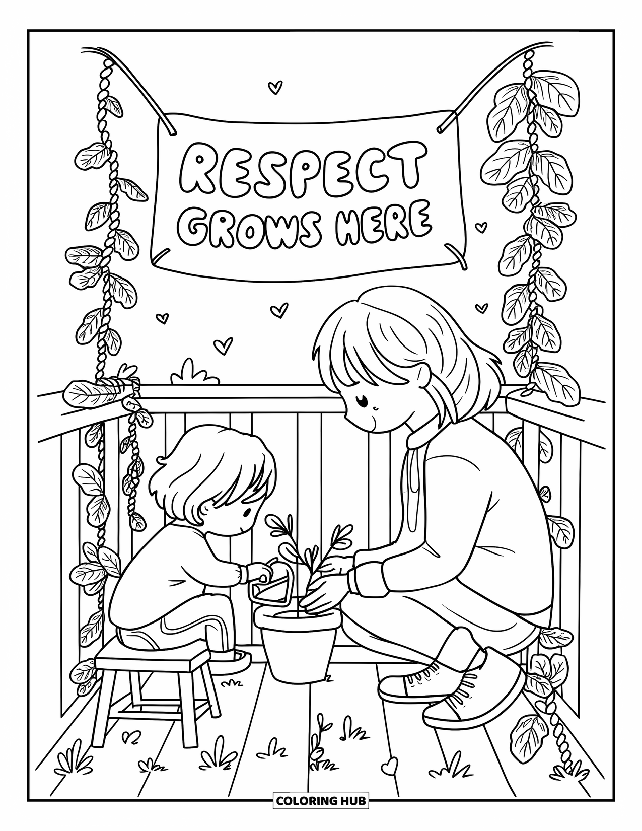 Respect Coloring Page for Adults: A teen helping a child water a plant on a balcony