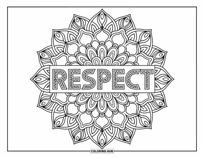 Kunnioitusvärityskuva aikuisille: Taidokas mandala, jonka ytimessä on sana "Respect"
