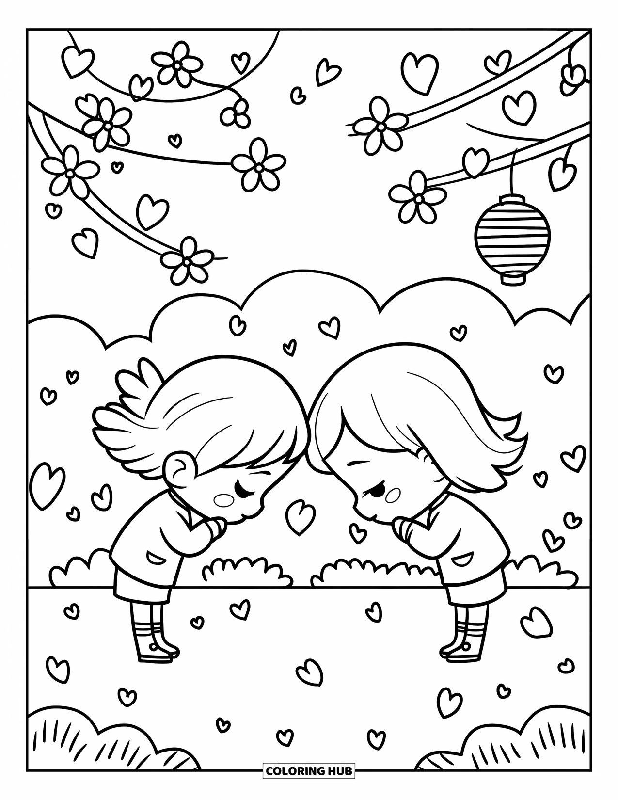 Respect Coloring Page for Adults: Chibi kids bowing to each other surrounded by blossoms and hearts