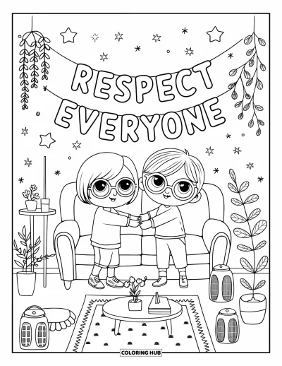 Kunnioitusvärityskuva aikuisille: Söpöt lapset ripustavat "Respect Everyone" -banneria tähtien ja lyhtyen kanssa
