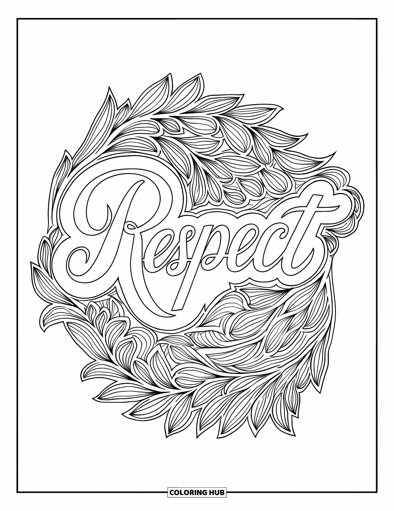 Respect Coloring Page for Adults: Flowing "Respect" calligraphy framed by artistic vines and patterns
