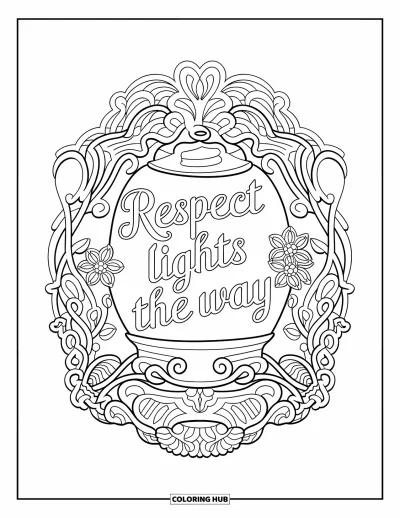 Kunnioitusvärityskuva aikuisille: Lyhtykuvio, jonka ympärillä lukee "Respect Lights the Way" kukkakoristeiden keskelllä