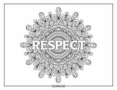 Kunnioitusvärityskuva aikuisille: Mandala-kuvio, jonka keskellä lukee kauniisti "Respect"