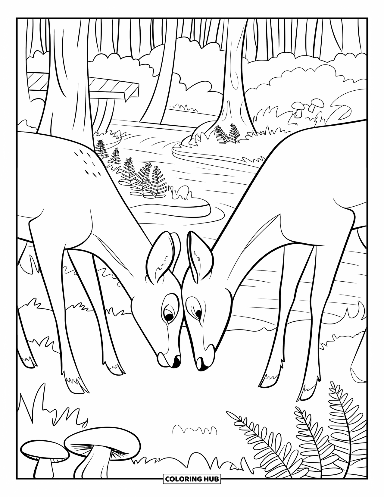 Respect Coloring Page for Adults: Peaceful deer bowing to one another near a bridge and river