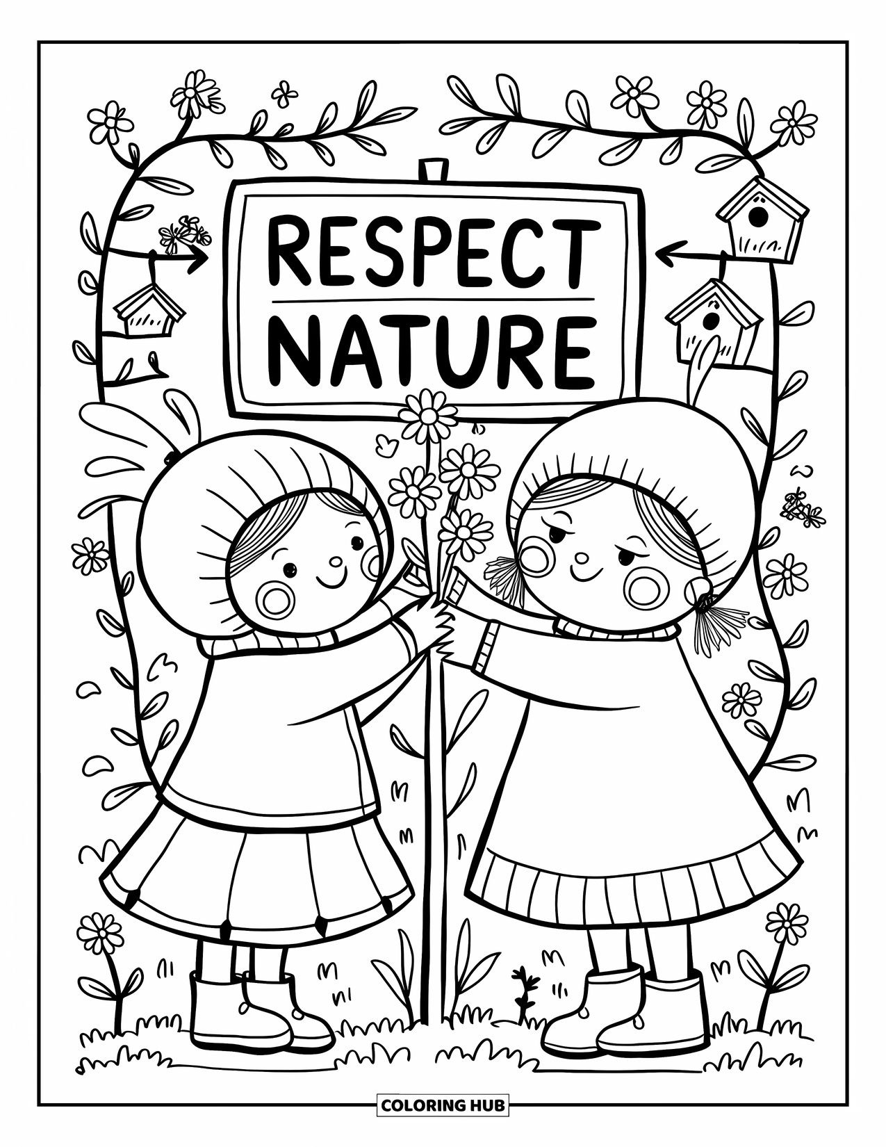 Respect Coloring Page for Adults: Siblings decorating a "Respect Nature" sign with flowers and vines