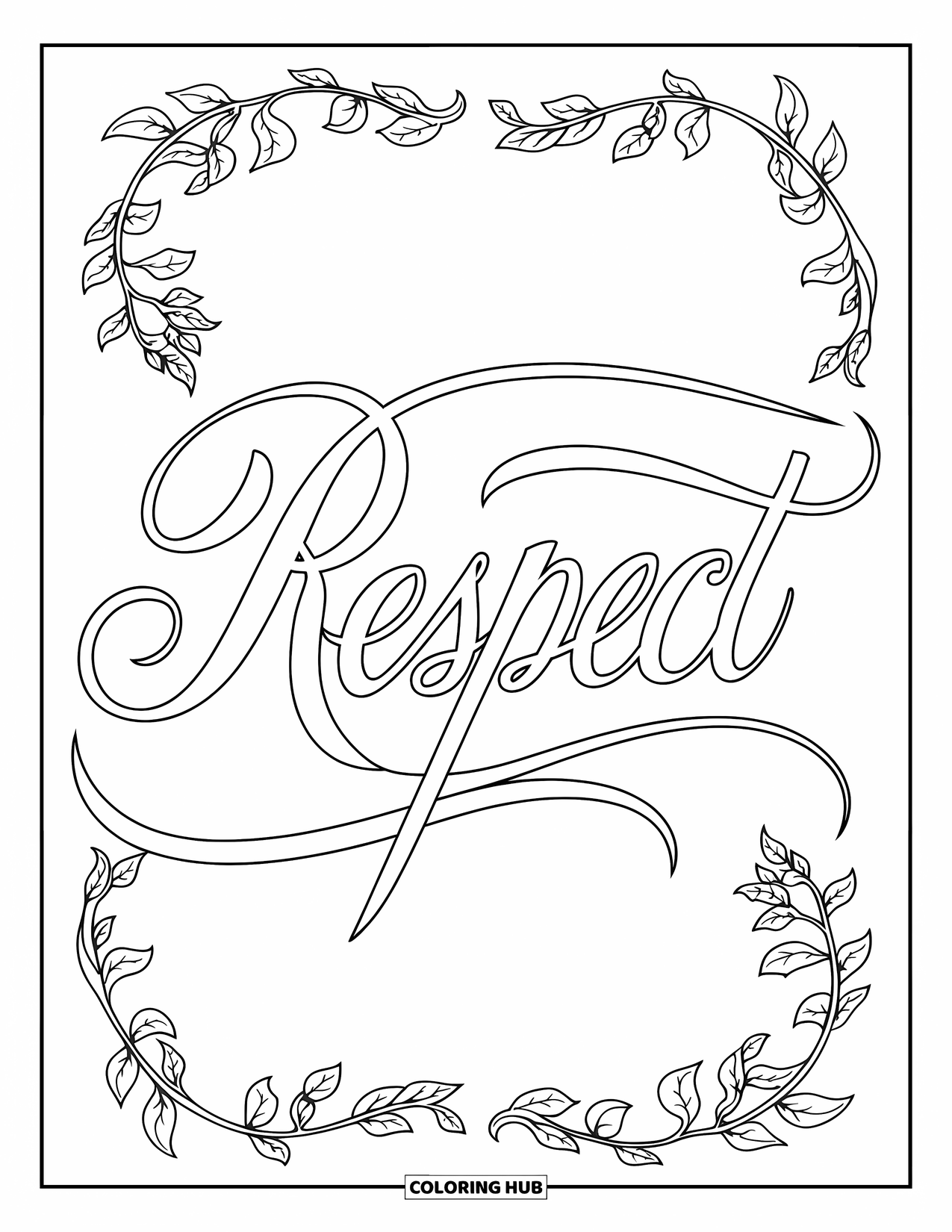 Respect Coloring Page for Adults: The word "Respect" written in flowing calligraphy surrounded by vines