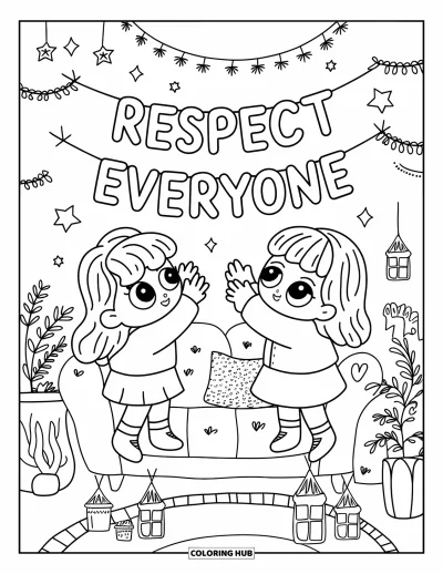 Kunnioitusvärityskuva aikuisille: Kaksi kawaii-lasta ripustaa "Respect Everyone" -banneria viihtyisässä huoneessa