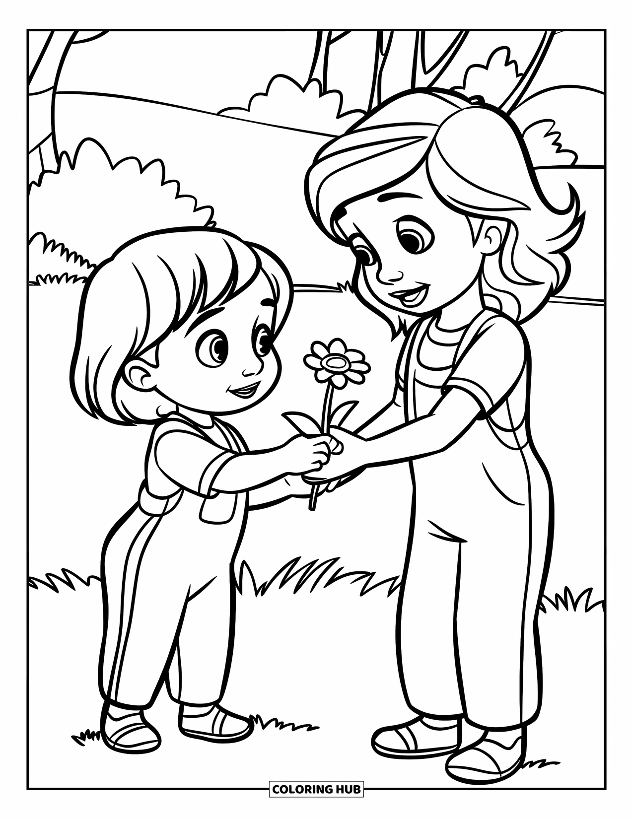 Respect Coloring Page for Kids: A child kindly giving a flower to a friend outdoors