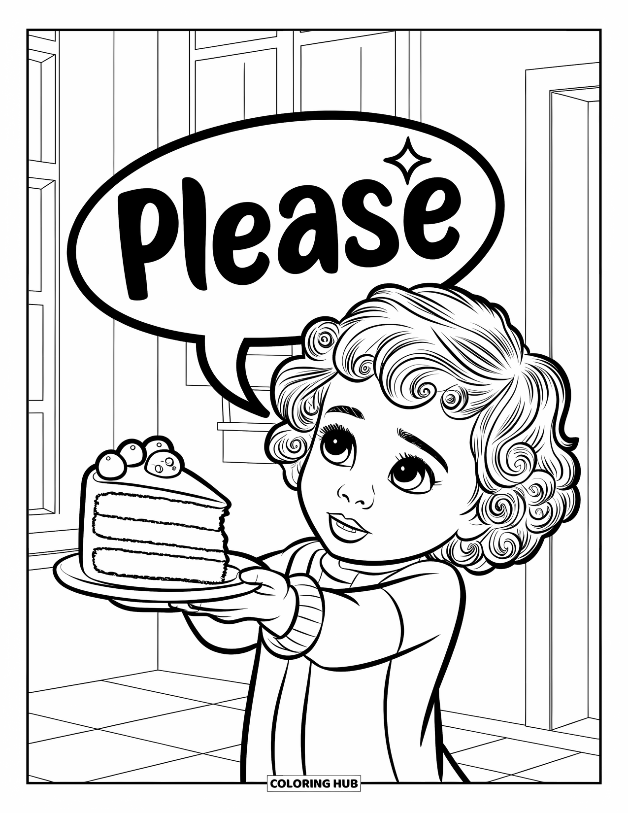 Respect Coloring Page for Kids: A child offering cake while saying "Please" with a smile