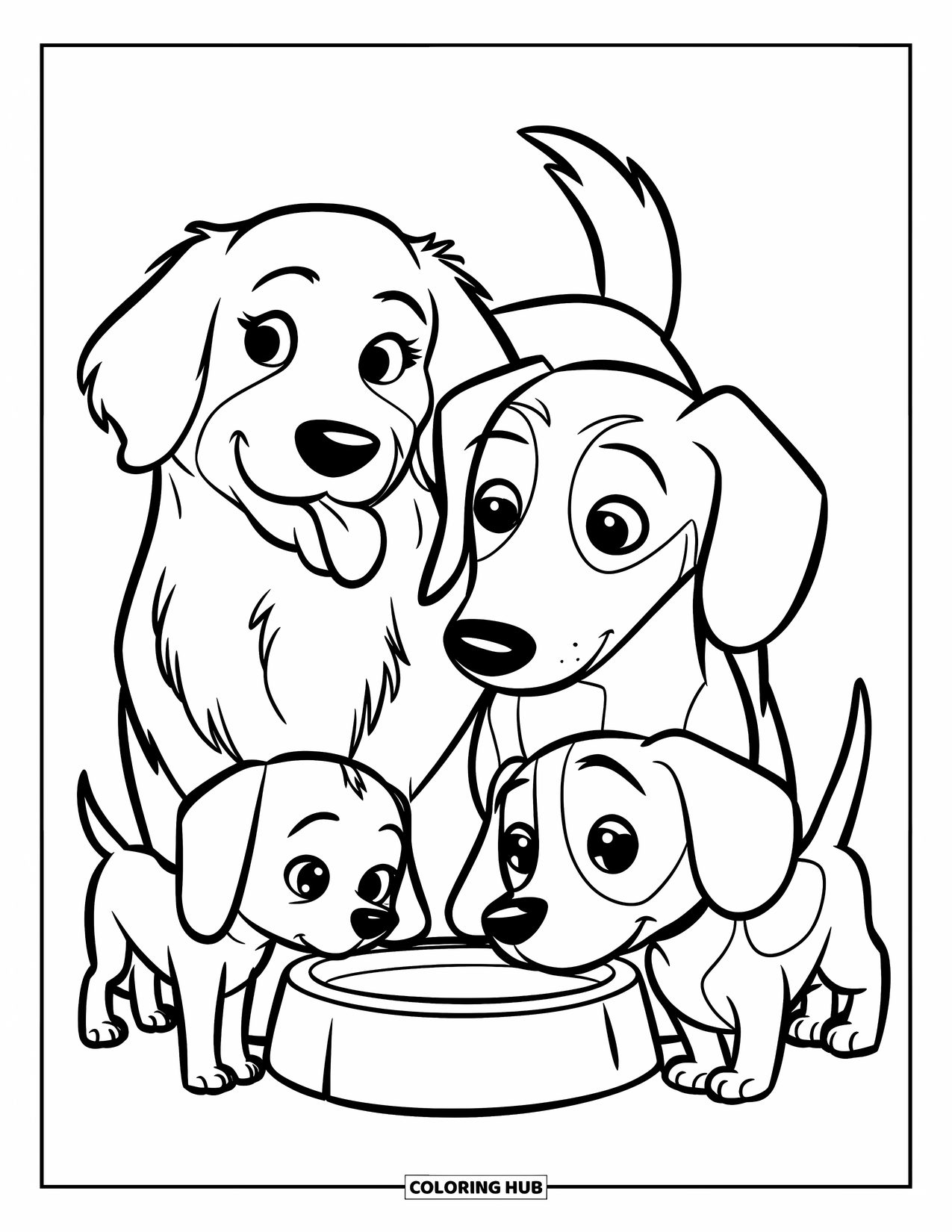 Respect Coloring Page for Kids: A family of dogs eating together with happy expressions