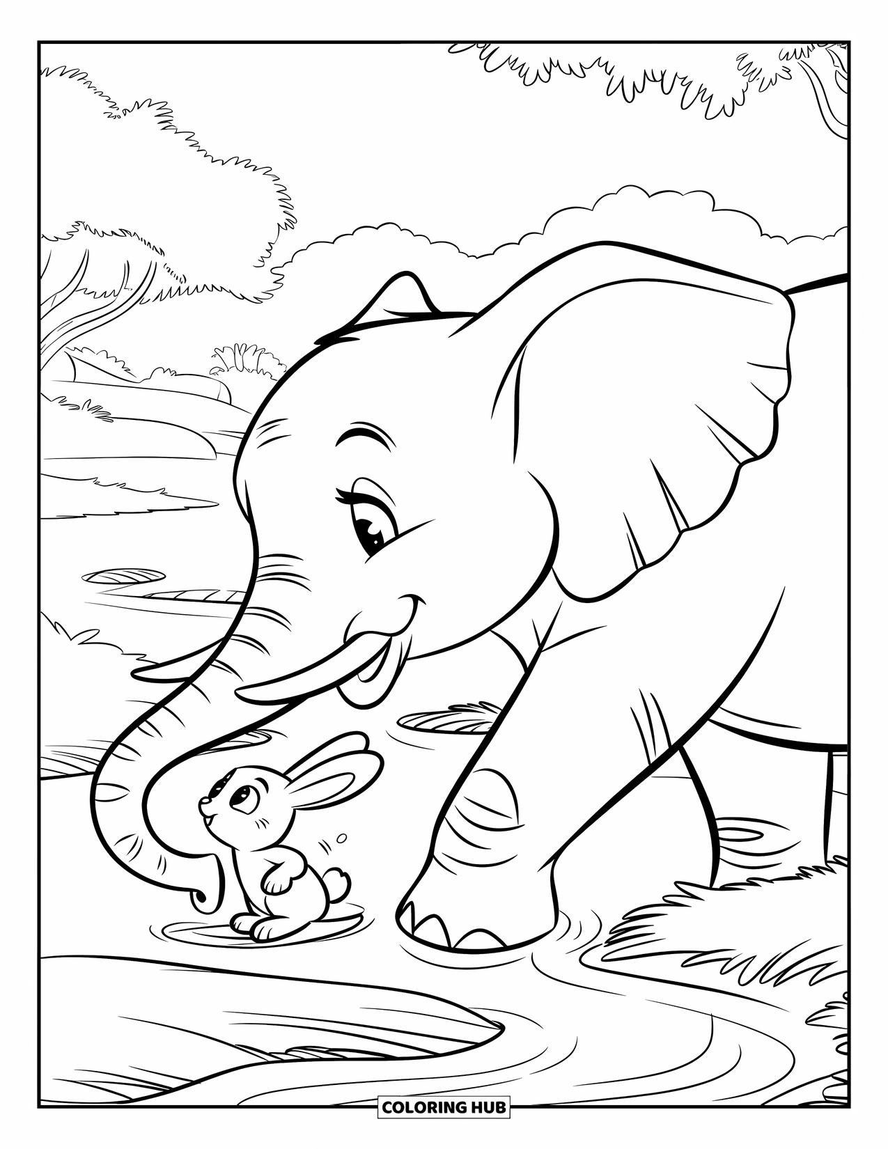 Respect Coloring Page for Kids: A friendly elephant helping a rabbit cross the calm water