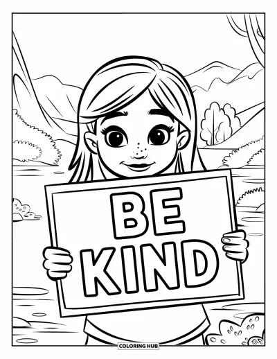 Kunnioitusvärityskuva lapsille: Hymyilevä lapsi pitää "Be Kind" -kyltttiä rauhaisassa ympäristössä