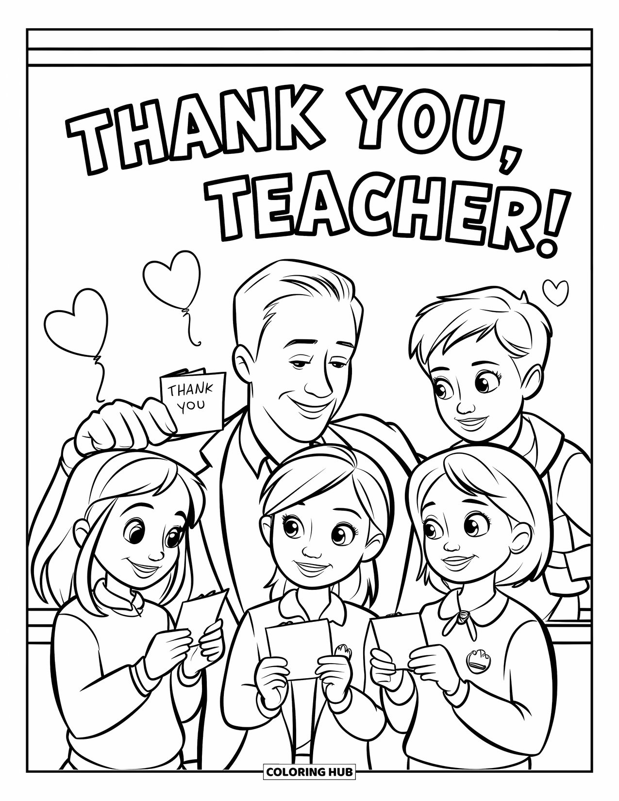Respect Coloring Page for Kids: Students showing handmade thank-you cards to their teacher