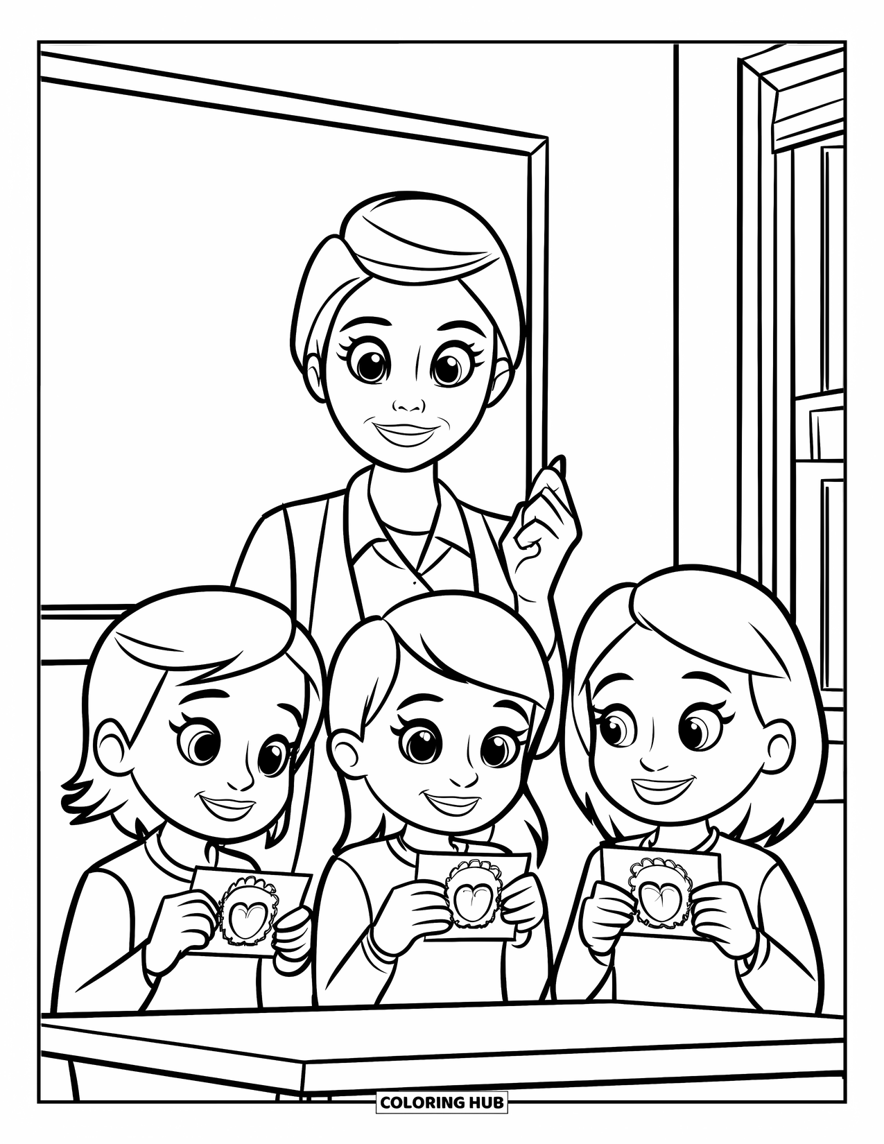 Respect Coloring Page for Kids: Three students presenting thank-you cards to their teacher
