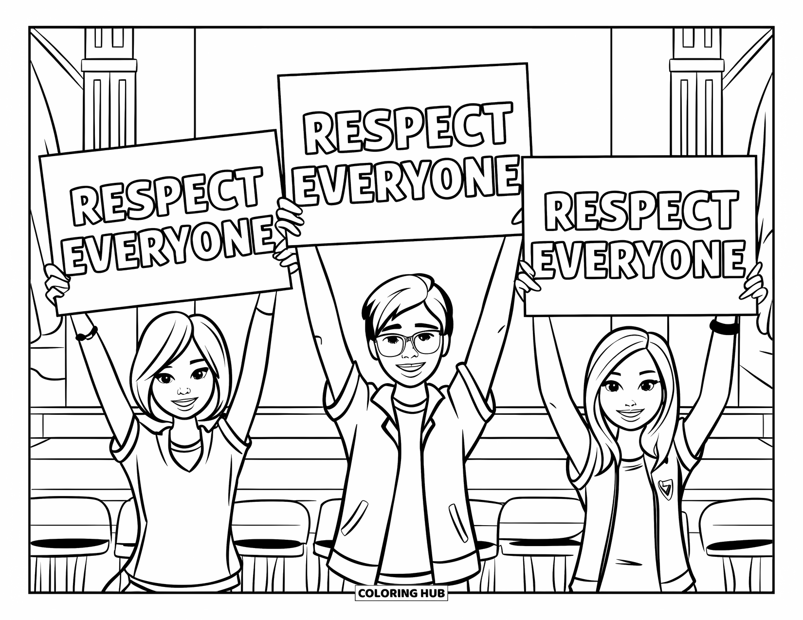 Respect Coloring Page for Kids: Three teens proudly holding signs that say "Respect Everyone"