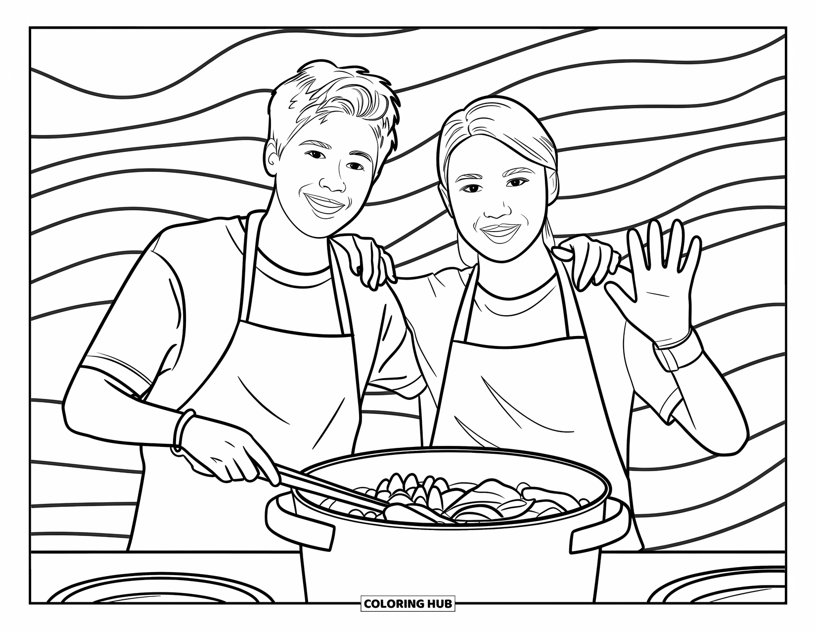 Respect Coloring Page for Kids: Two cheerful teens serving a warm meal together