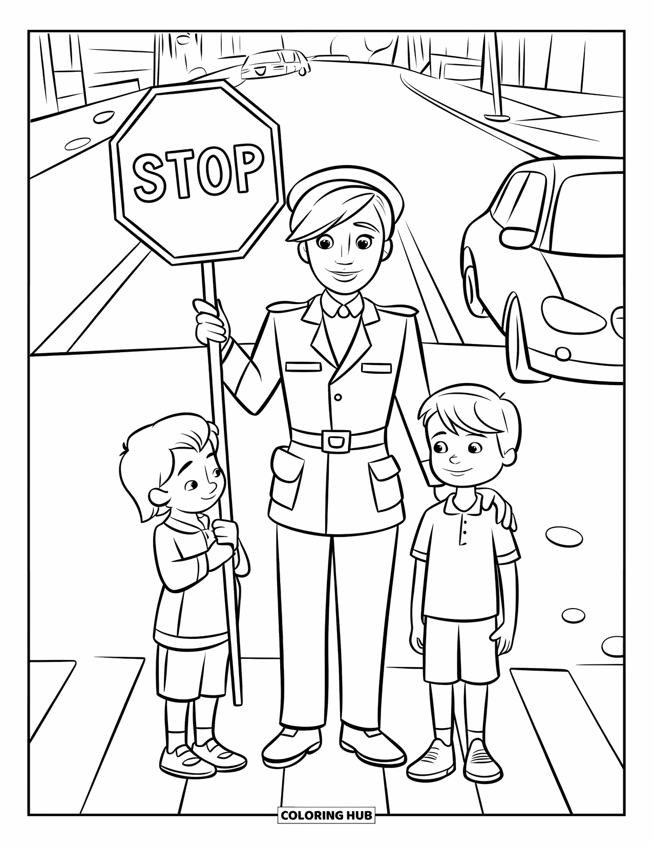 Respect Coloring Page for Kids: Two children waiting respectfully for a crossing guard to signal