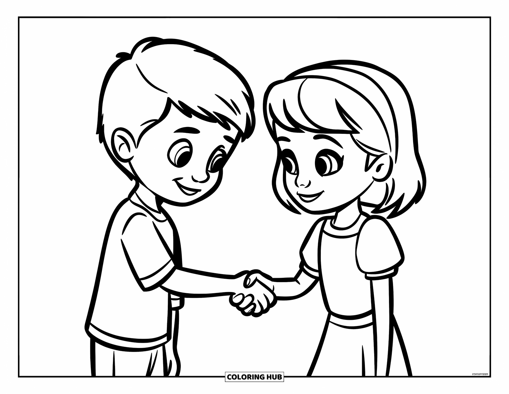 Respect Coloring Page for Kids: Two friendly kids sharing a cheerful handshake