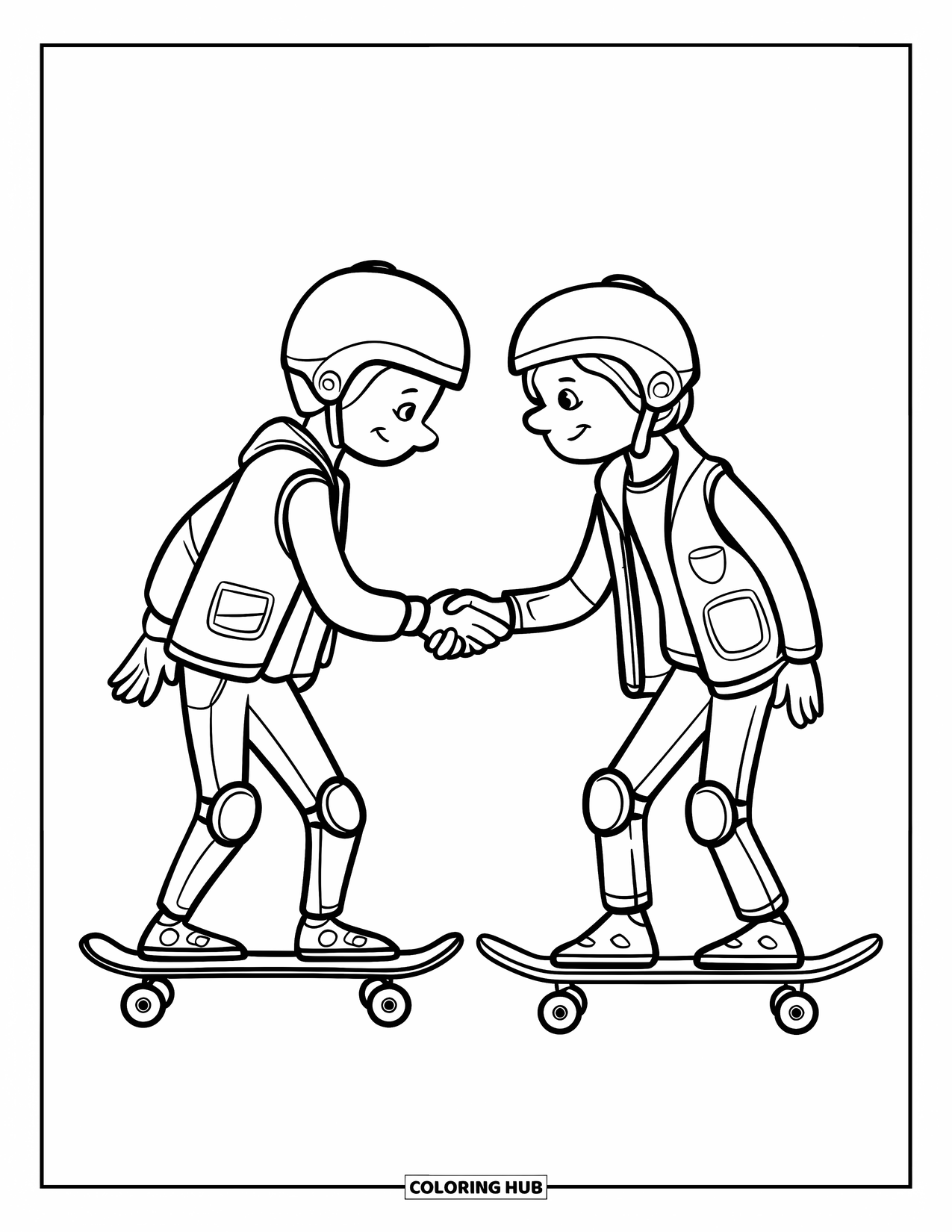 Respect Coloring Page for Kids: Two skateboarders shaking hands with their boards nearby