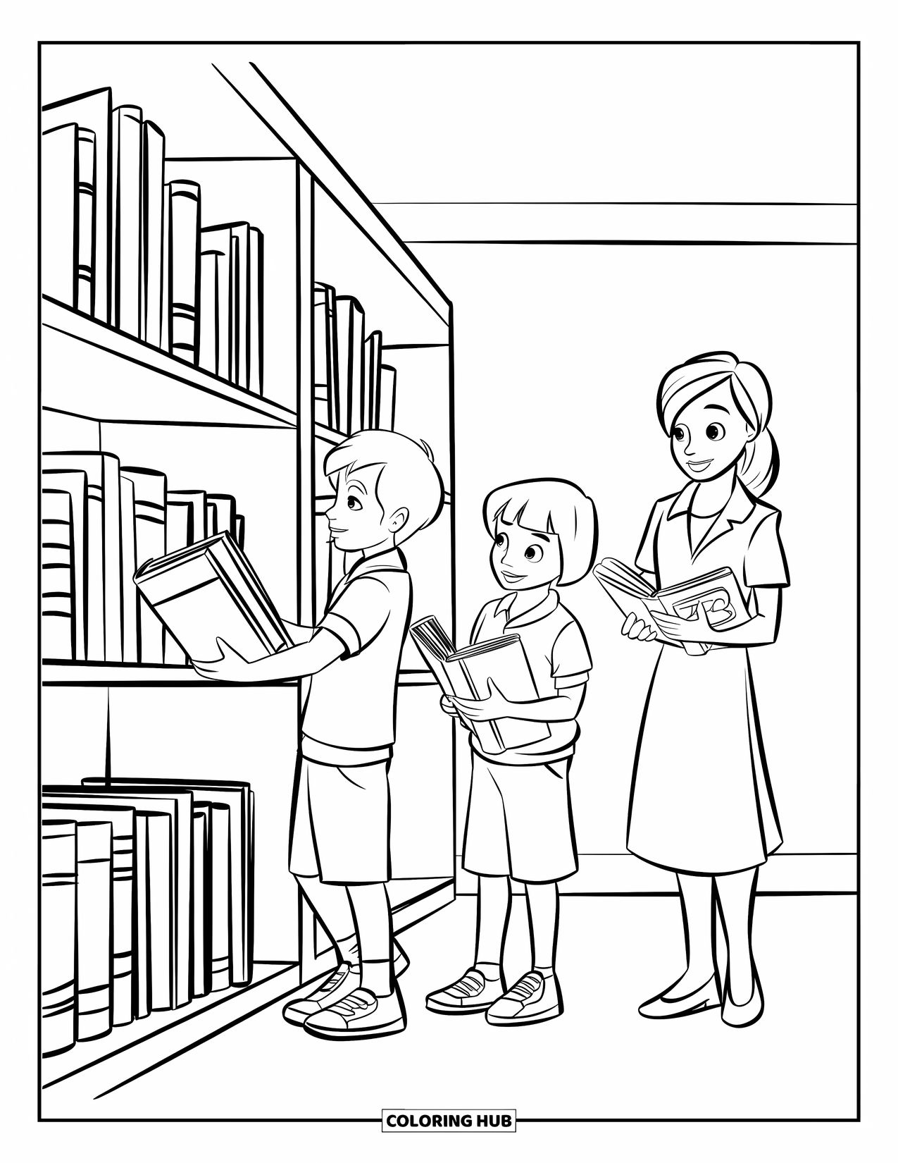 Respect Coloring Page for Kids: Two students returning books to the library with a librarian nearby