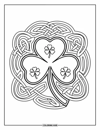 Coloriage de trèfles pour adultes : Un grand trèfles entouré de couches de nœuds celtiques finement travaillés